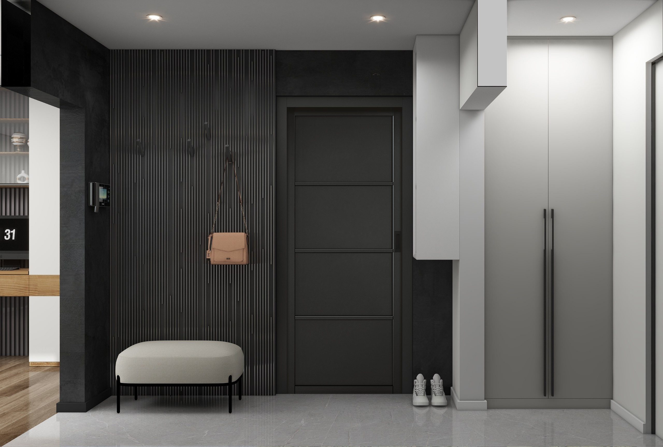 Modern dark grey internal door in a contemporary hallway with vertical slatted wall, bench seating, shoe storage, and minimalist décor.