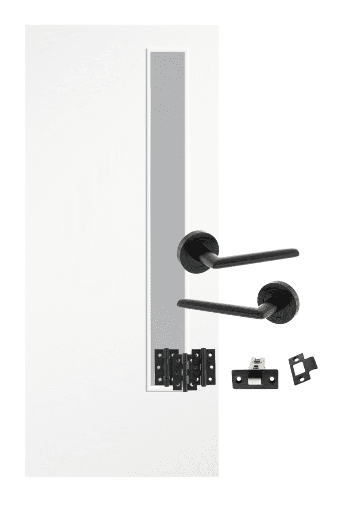 FD30 Flush White Primed Glazed Internal Door 20G with Black Hardware Pack – handles, hinges, and latch set included