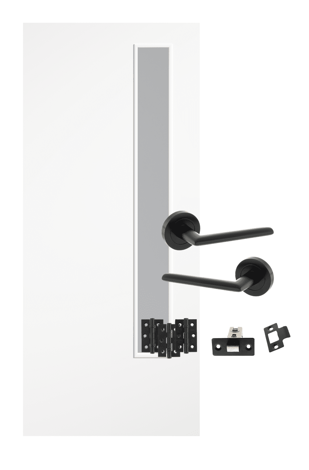 FD30 Flush White Primed Glazed Internal Door 20G with Black Hardware Pack – handles, hinges, and latch set included