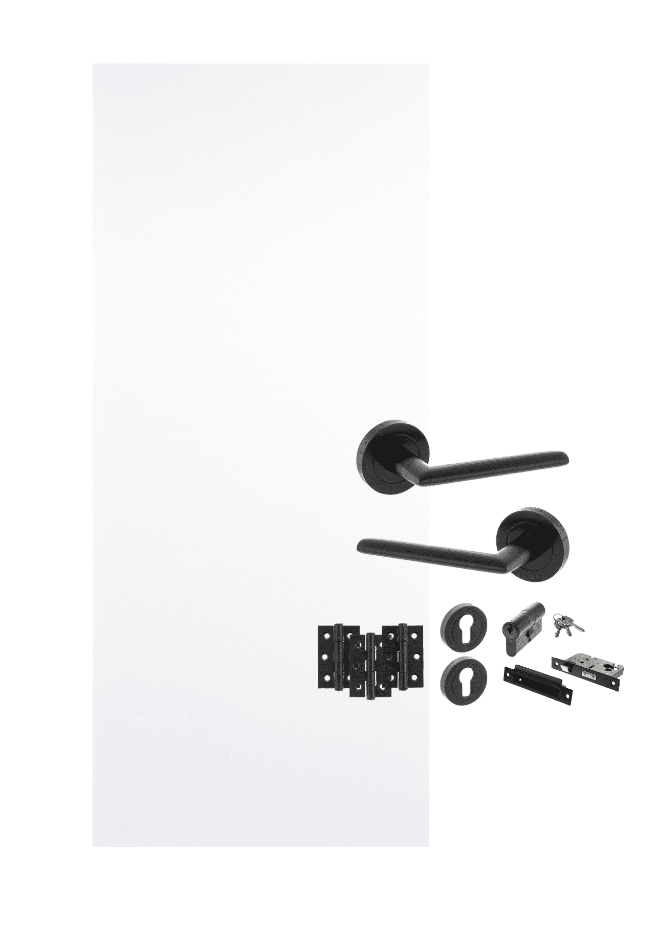 Flush white primed internal door with black handle set, Euro sashlock and keys – high-security internal door set – Doorphoria