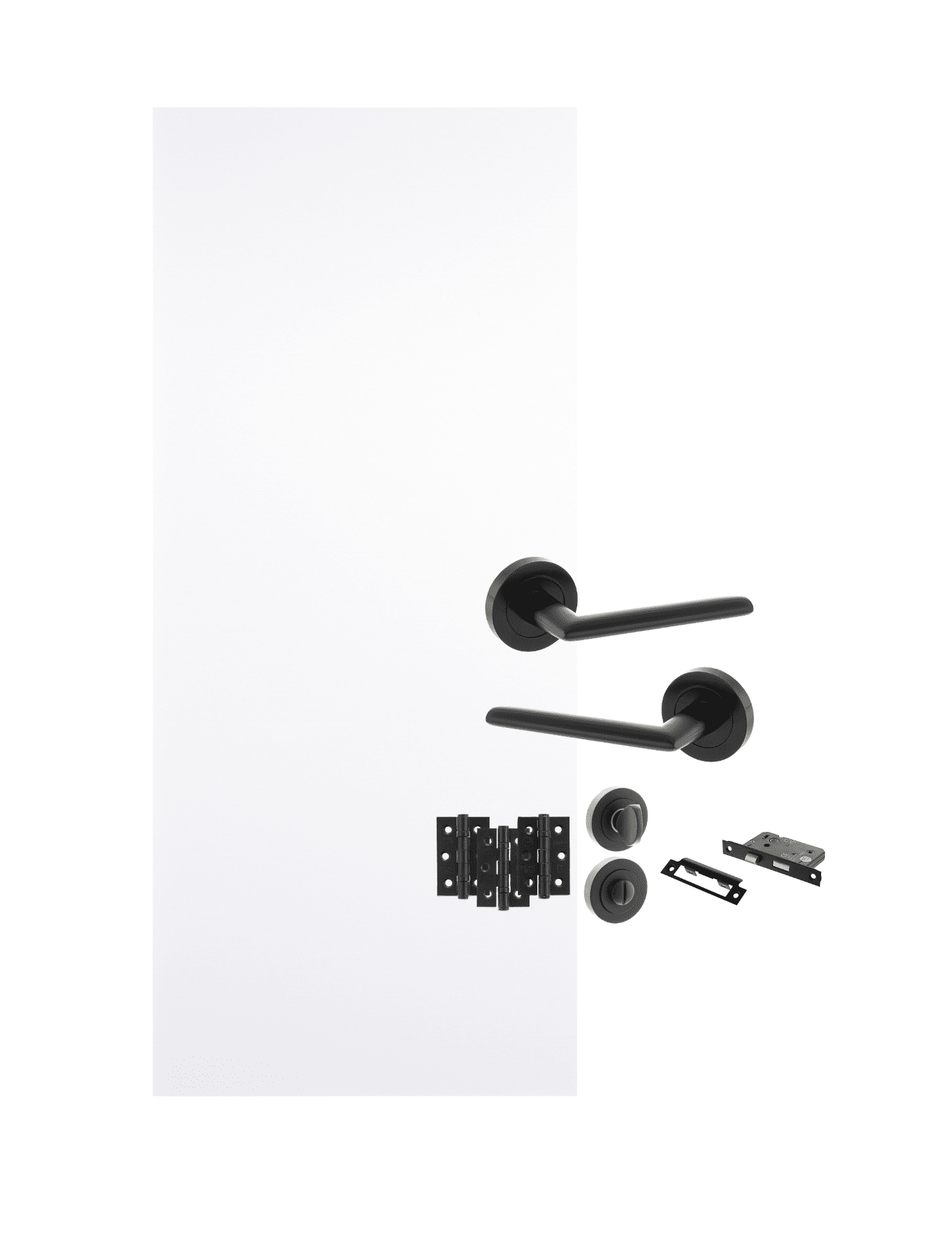 Flush white primed internal bathroom door with black handle set, privacy turn and release, and hinges – Doorphoria