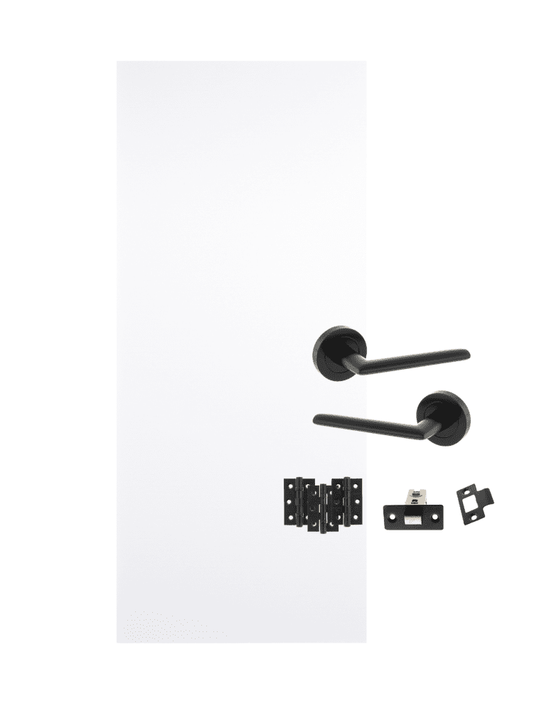 Flush white primed internal door with black lever handles, latch and hinges – ideal for HMOs and student accommodation – Doorphoria
