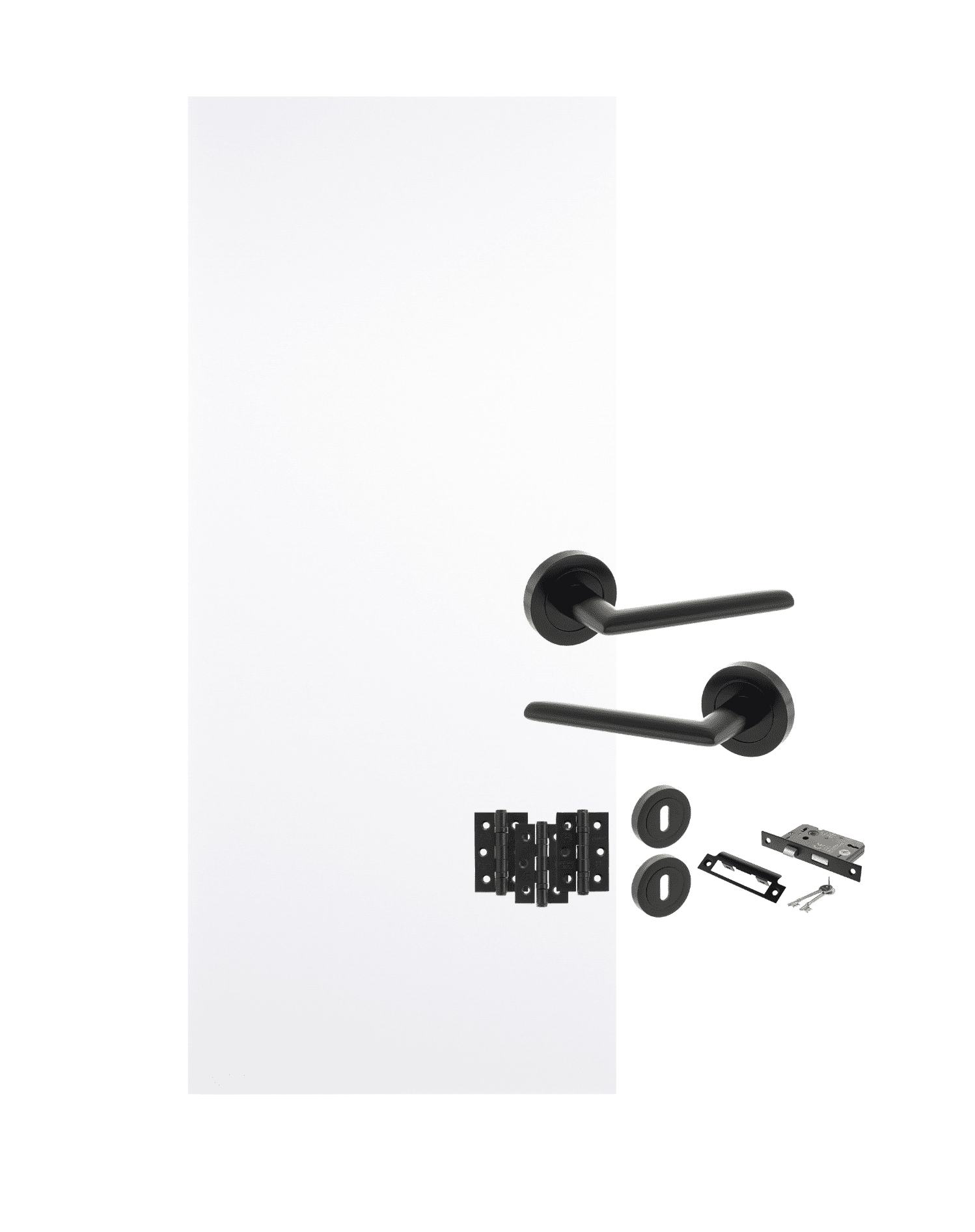 Flush white primed internal bedroom door with black handles, sashlock, keys and hinges – ideal for HMOs and apartments – Doorphoria