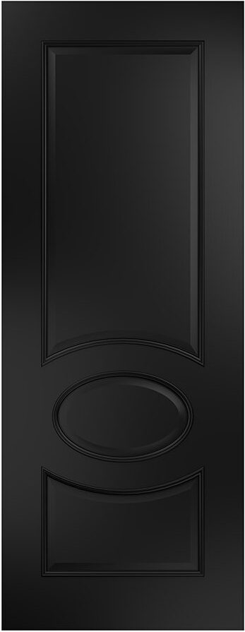 Black panelled internal door with raised mouldings and oval centre detail