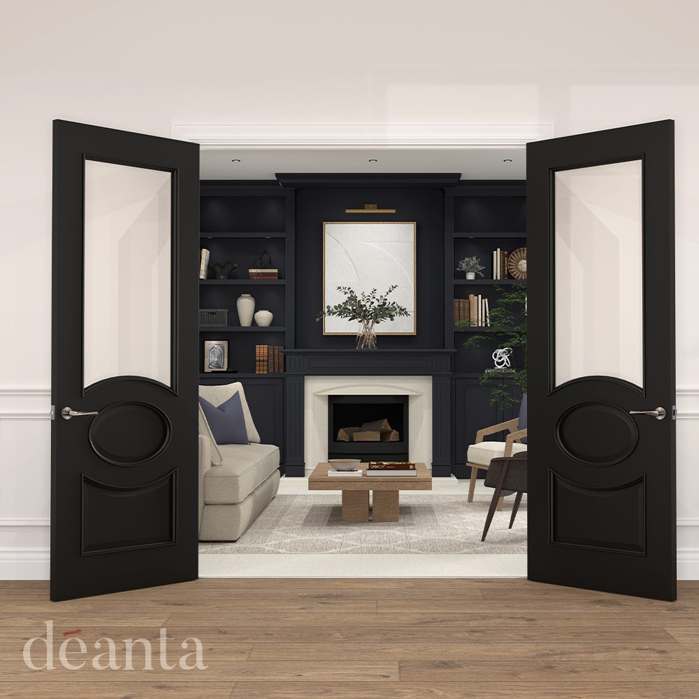Clarendon-Black-Glazed-L | Doorphoria clarendon black glazed internal doors in double configuration with clear glass panels