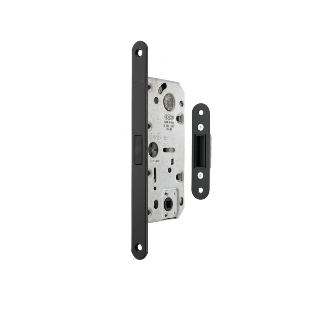 Mortise door lock mechanism with metal body and black mounting strike plates on a white background, showing the latch and screw holes for installation.