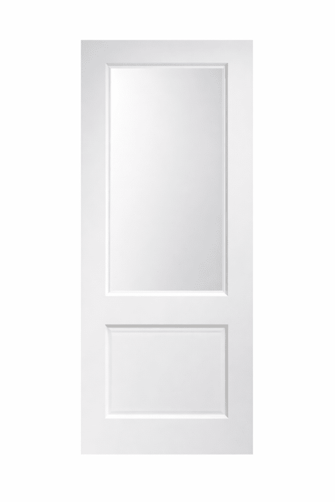 White interior door with a large frosted glass panel above and a smaller raised panel below.