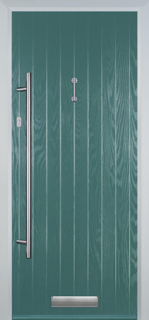 Modern cottage solid composite door in Turquoise Blue with clean panel design and no glazing