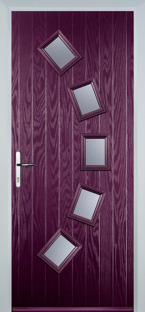 Five Square Curve Charcoal Sticks Glass in Purple Violet | Doorphoria Modern five square curve composite door in purple with charcoal sticks glass design