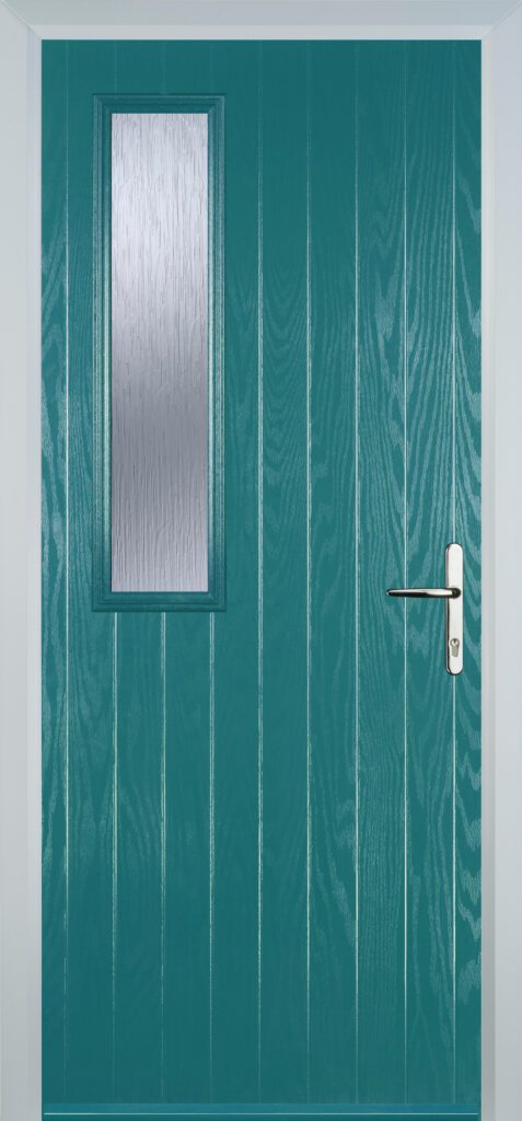 Modern mid square left composite door in turquoise blue with charcoal sticks glass design