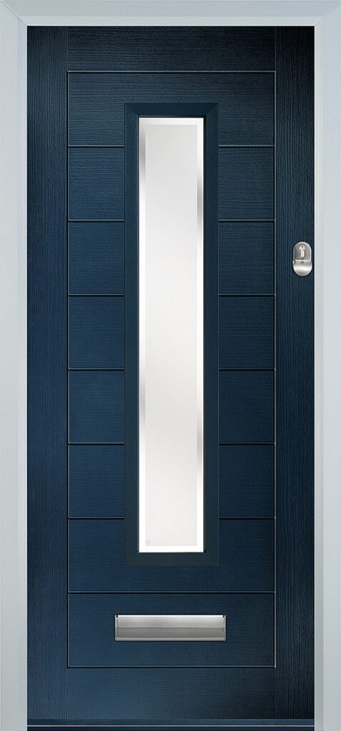 Modern Door65 composite door with contemporary panel in Black. Custom sizing available.
