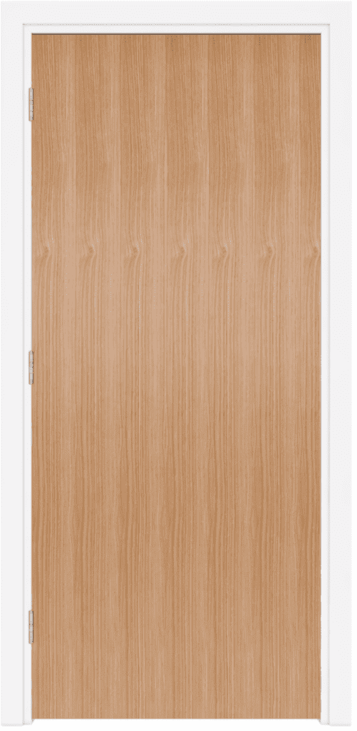 Wooden interior door with three metal hinges on the left side, set in a white frame.