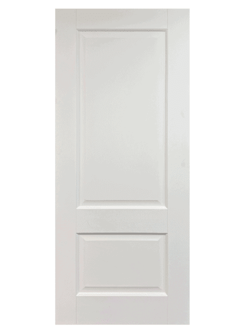 White interior panel door with two rectangular raised panels.