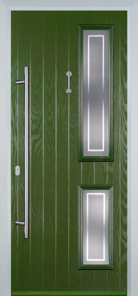Twin Side Enfield Glass in Fern Green | Doorphoria Modern Twinside composite door in Fern Green with Enfield glass design and twin side panel layout