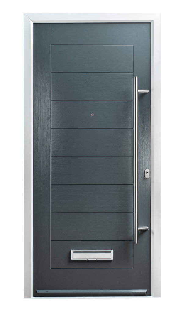 Modern composite front door in Anthracite Grey. Styles with various panel designs and glazing options availabe