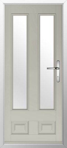Beige front door with two tall vertical glass panes and decorative lower panels, silver handle.
