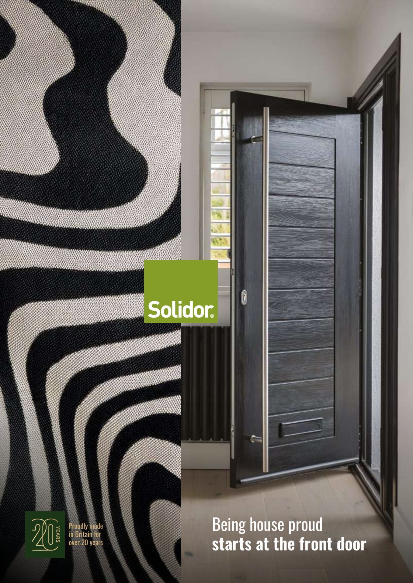 Split image: left side shows a bold black-and-white abstract pattern, right side features a dark wooden front door ajar with a Solidor logo overlay.