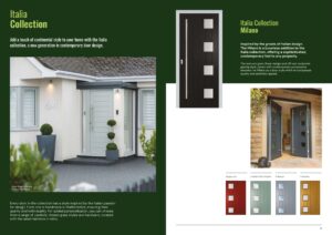 Brochure spread showing an Italian door collection: left page with a white house entrance and a Palermo door; right page with a tall dark front door and Milano collection text, plus a grid of door samples at the bottom.