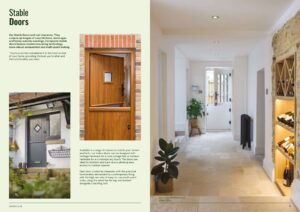 Interior design brochure spread showing multiple doors: brick doorway with a wooden door on left and a bright white hallway on the right, featuring a wine rack and potted plant.