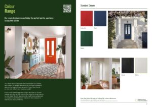 Two-page catalog spread: left page shows a green panel labeled 'Colour Range' with an interior hallway and a bright red front door; right page displays color swatches and an exterior doorway.