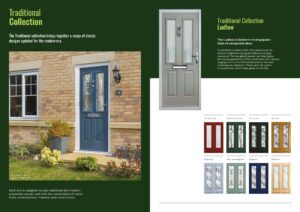 Spread from a door brochure: brick house with a blue front door on the left and a tall grey door with color swatches on the right against a dark green background