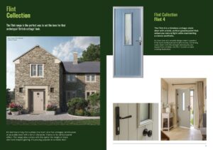 Brochure spread for Flint Collection door range showing a stone-house entrance on the left and a tall blue front door on a dark green background with descriptive text on the right.